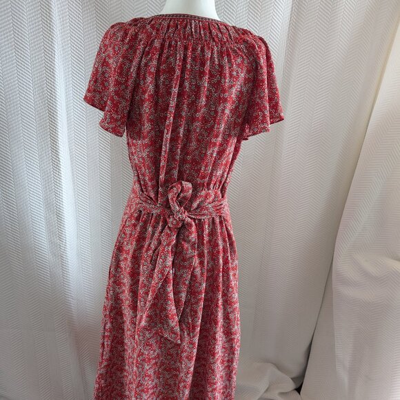 Max Studio Red Floral Tie Waist Midi Dress Side Slits XS/S Cottagecore Feminine - Picture 3 of 14